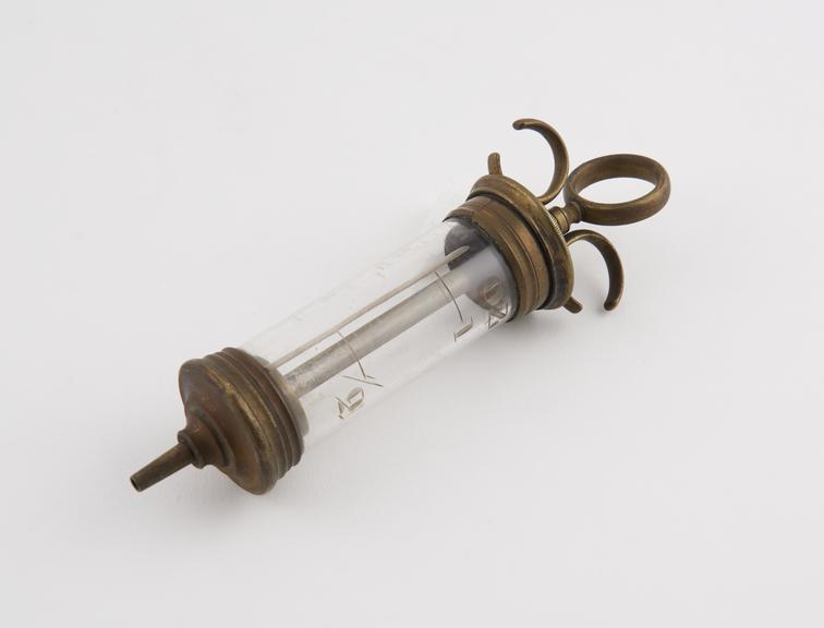 Embalming syringe, glass and brass, 19th century