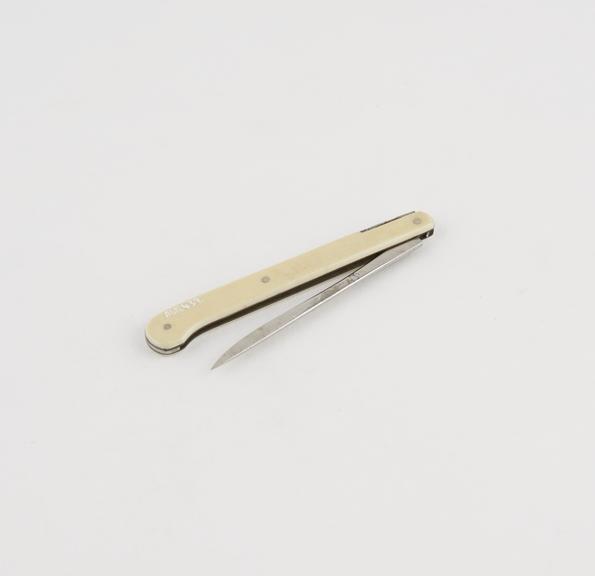 Tenotomy knife, steel, folding, in ivory sheath