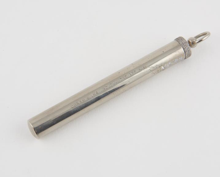 Swab, cotton wool, in metal case, by Coram, British, 1880-1920