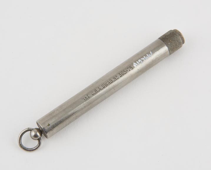 Swab, cotton wool, in metal case, British, 1880-1930