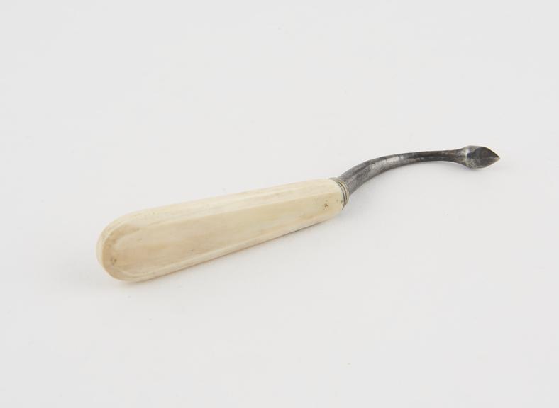 Short curved trocar, steel, with ivory handle, European