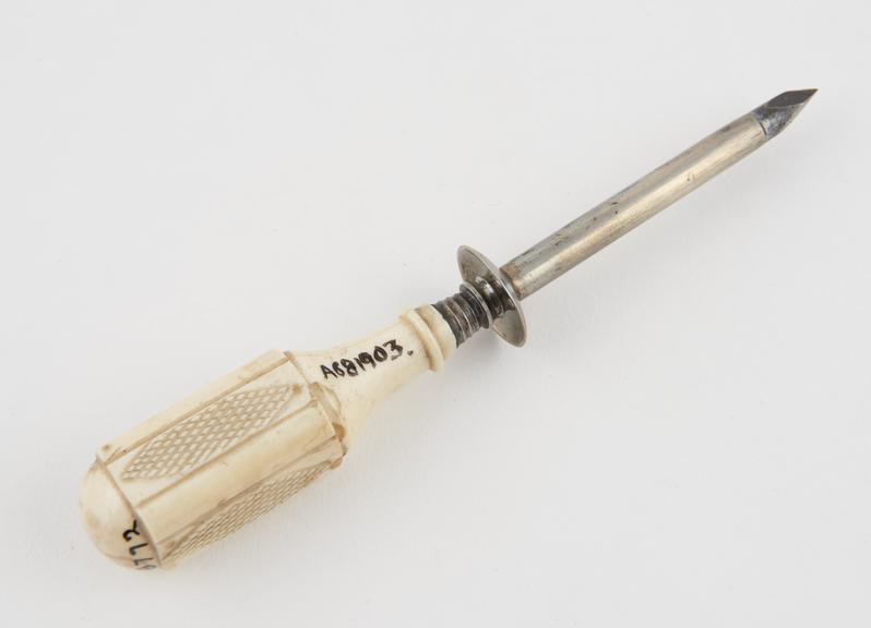 Trocar, steel, with silver cannula and ivory handle, European