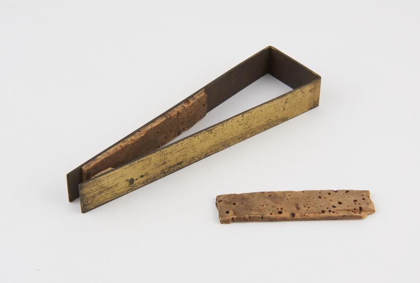 Test tube holder[?], brass and cork, 1750 to 1850