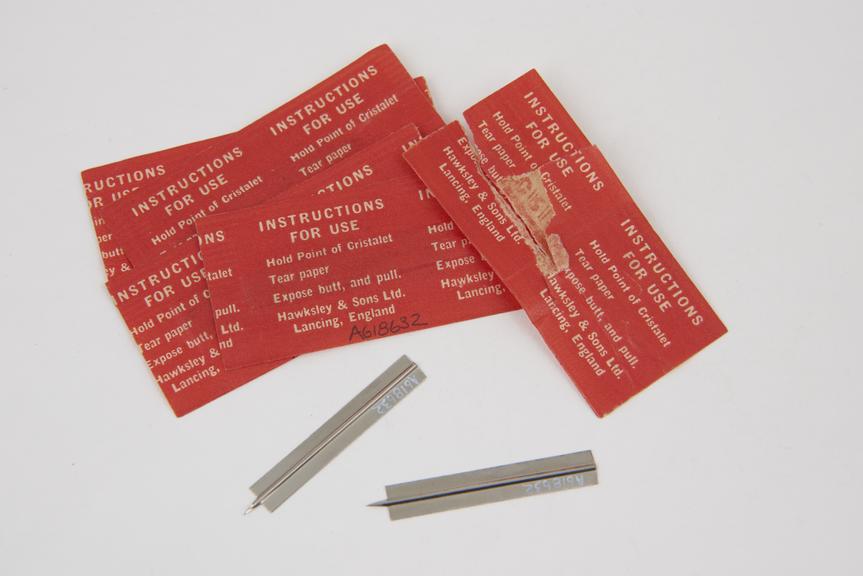 Six disposable lancets, metal, plated, by Hawksley and Sons Ltd