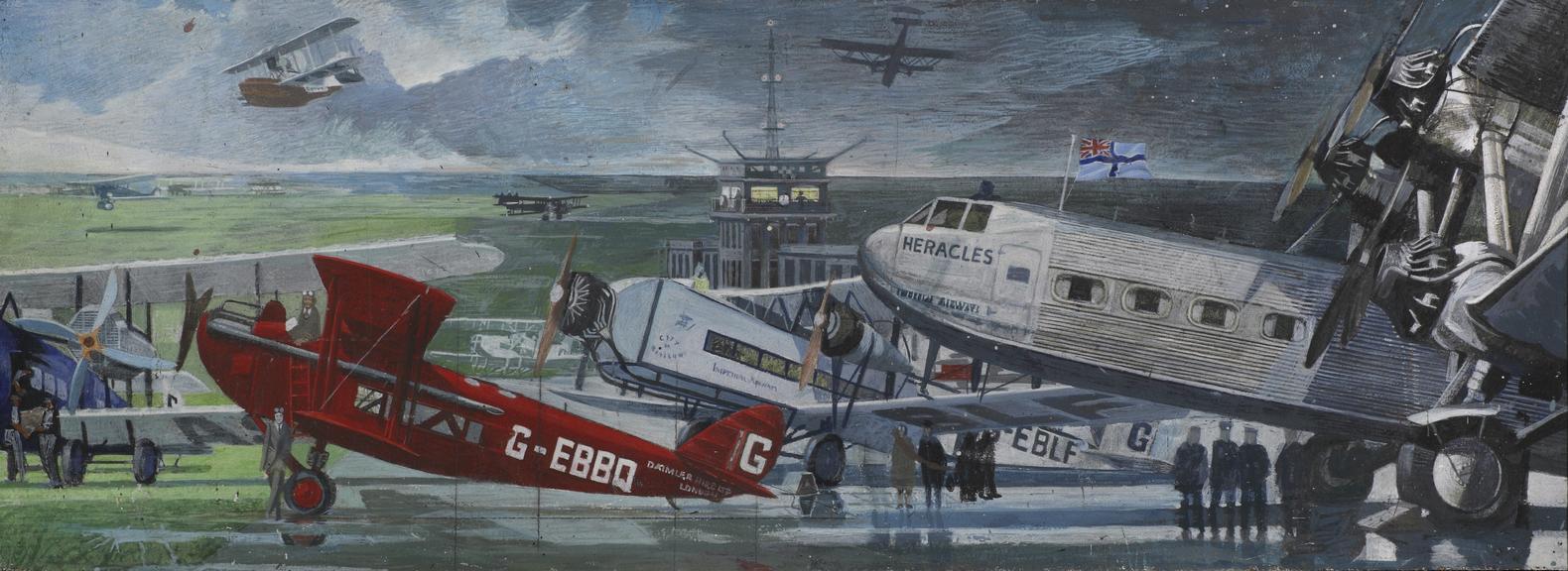 British air transport, one of 7 studies, showing three aircraft (painting)