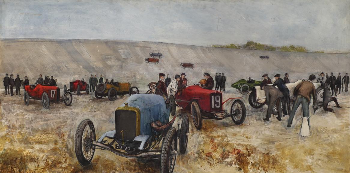 Painting of motor racing cars and their support activity at