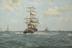 Painting. Paddle tug towing full rigged ship /  T