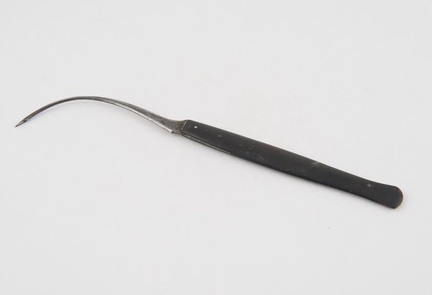 Vaginal fistula needle, steel and ebony, by Ferguson of London