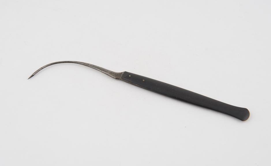 Vaginal fistula needle, steel and ebony, by Ferguson of London