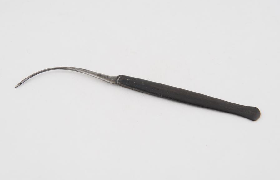 Vaginal fistula needle, steel and ebony, by Ferguson of London