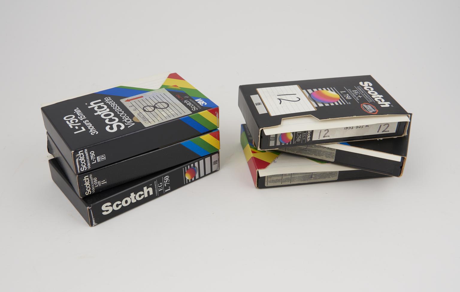 Six video cassettes associated with BETA SL-F30UB Videocassette Recorder
