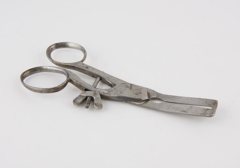 Bowel scissors(?), steel, makers name partially illegible