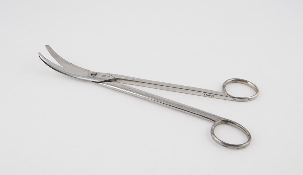 Surgical scissors, curved in flat, by MacQueen and Son