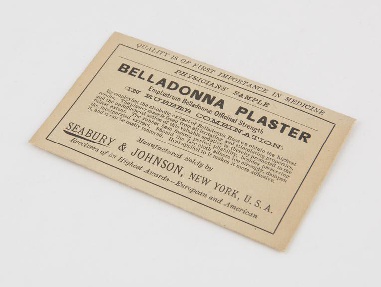 Belladonna plaster in original wrapper, by Sanbury and Johnson