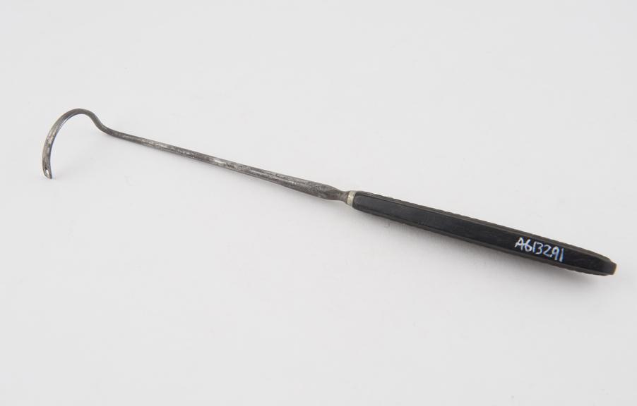 Cleft palate needle, steel and ebony, by Charriere of Paris