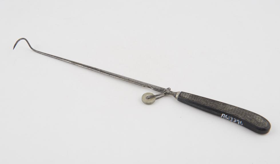 Cleft palate needle, steel and ebony, by Ferguson of London