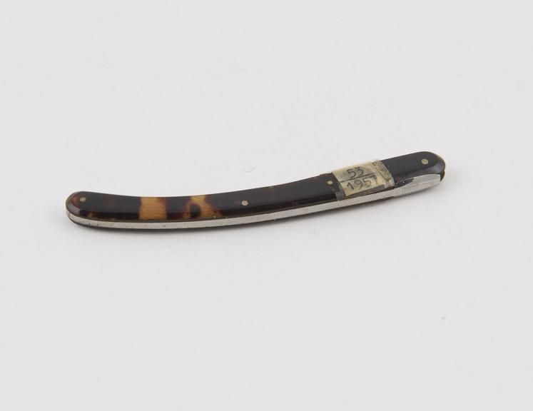 Cleft palate knife, steel, folding, in tortoiseshell sheath