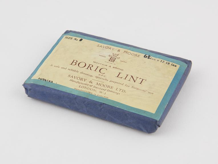 1 small packet of boric lint made by Savory and Moore Ltd