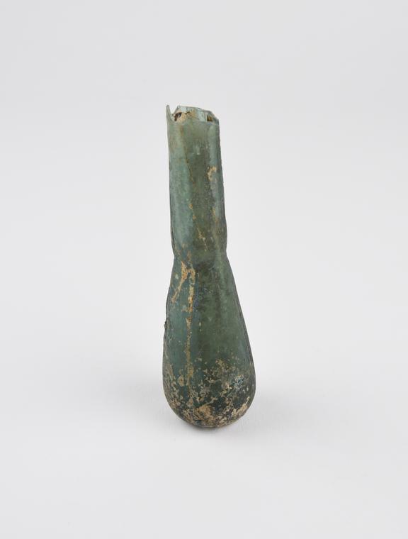 Glass unguent bottle, dark green, heavy glass, Roman