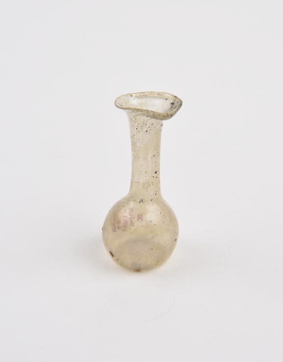 Small glass flask, round body, tall neck, Islamic