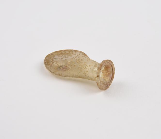 Glass flask, flattened ovoid body coplanar with neck