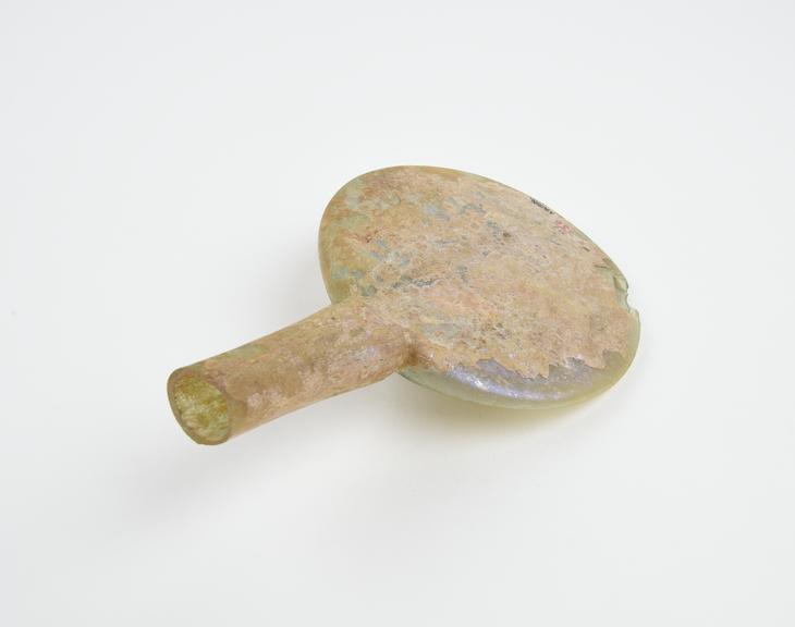 Glass flask, discus body coplanar with neck, Islamic