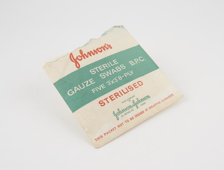 Gauze swab in sterile pack, made by Johnson and Johnson, Slough