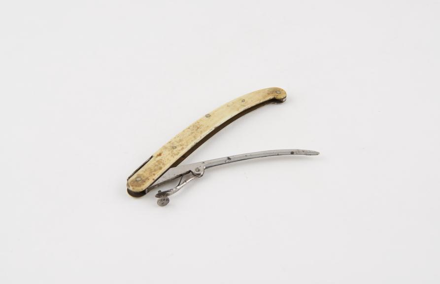 Hernia bistoury, steel, folding, in ivory sheath