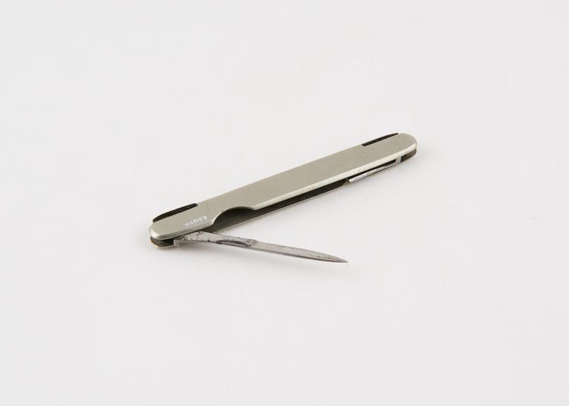 Bistoury, steel, folding, double, one broken, in sheath