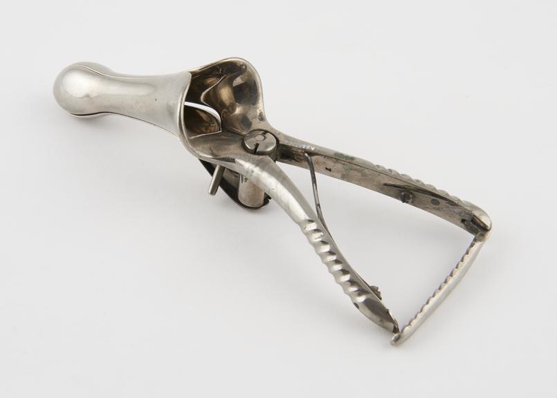 Rectal speculum, metal, nickel plated, possibly French