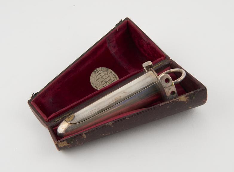 Speculum, rectal, metal, electro-plated, in leather case