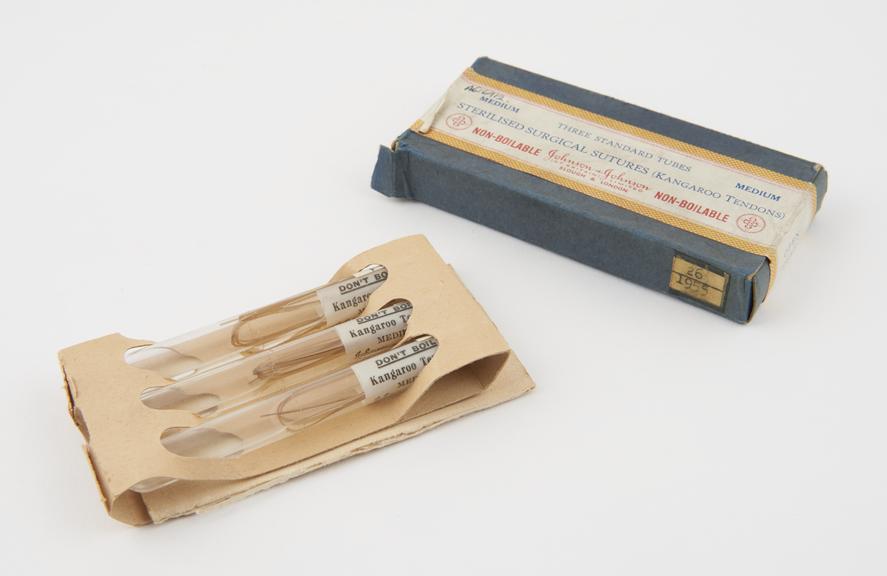 Three ampoules of sterile kangaroo tendon sutures in carton