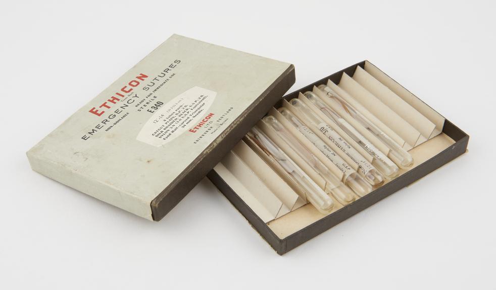 Box of ampoules containing suture materials by Ethicon, 1960