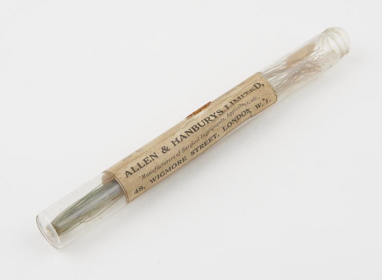 Tube of sterile catgut suture, by Allen and Hanburys Ltd