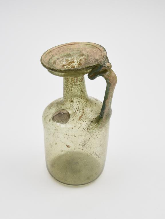 Glass bottle, with one handle and funnel mouth, Roman