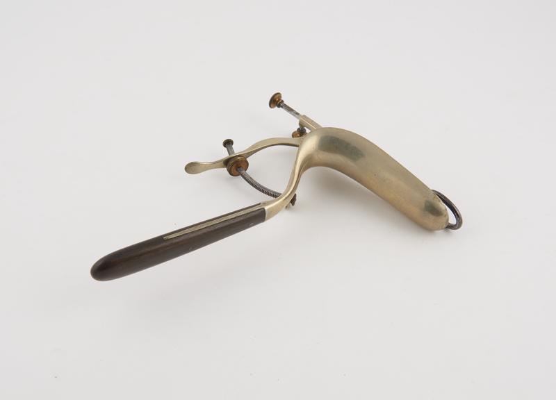 Vaginal speculum, metal, nickel plated, Thomas, ebony handle