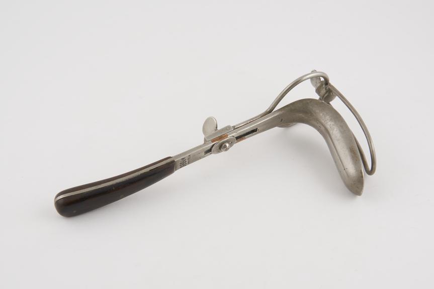 Speculum, vaginal, metal, nickel-plated, wooden handle