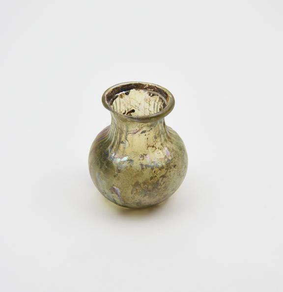 Glass  flask, green, bulbous body, concave base, concave neck