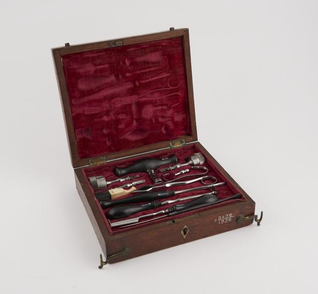 Trephination set, cased, by Laundy, English