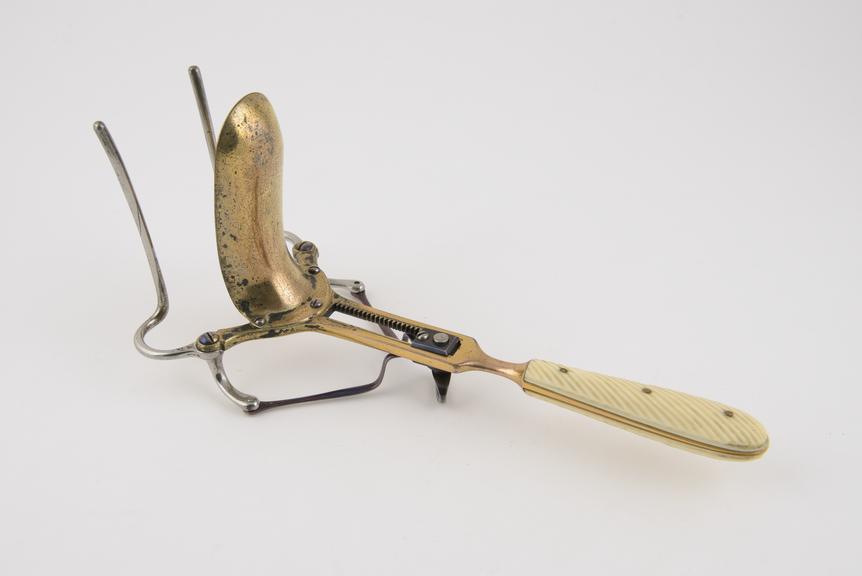 Speculum, uterine, steel and brass plated, with ivory handle