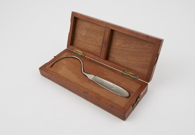 Hernia needle, steel, plated, in wooden case, by Down Bros