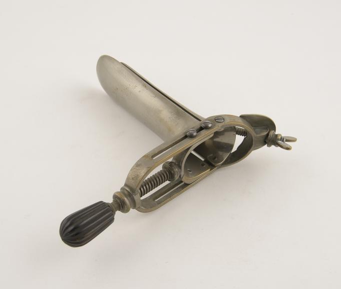 Speculum, vaginal, metal, nickel plated, wooden handle