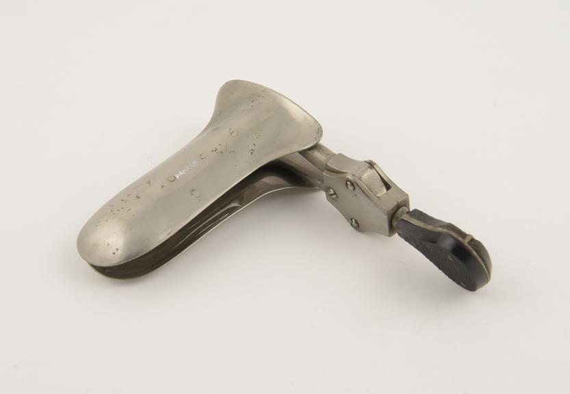 Speculum, vaginal, metal, nickel plated, wooden handle