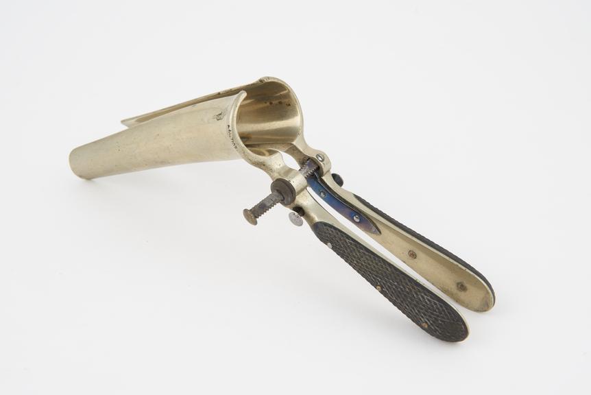 Vaginal speculum, Ricord, metal, nickel plated, ebony handles