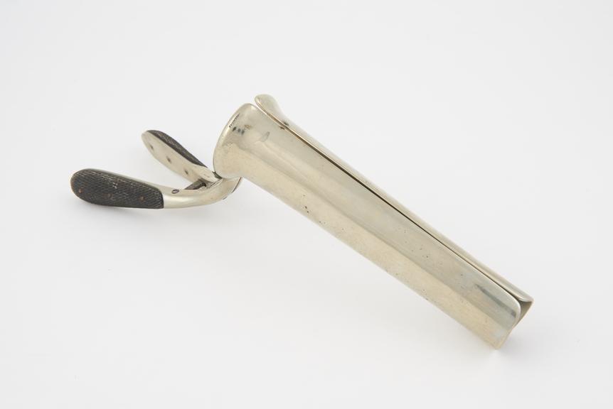 Vaginal speculum, metal, nickel plated, ebony handles