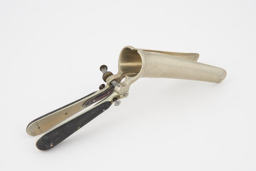 Vaginal speculum, Ricord, metal, nickel plated, ebony handles