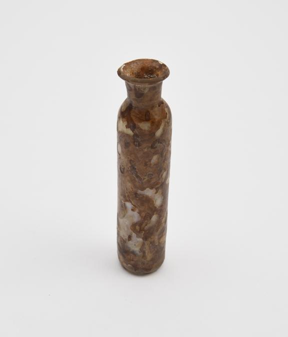 Glass bottle, cylindrical body, uneven base, sloping shoulders
