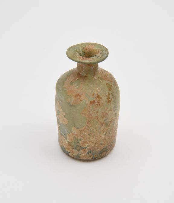 Glass bottle, green cylindrical body, sloping shoulders