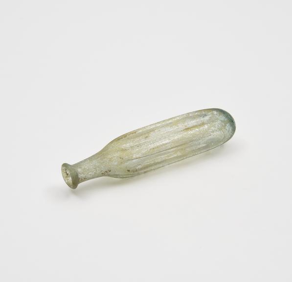 Glass flask, green, cylindrical body with deep ribbing