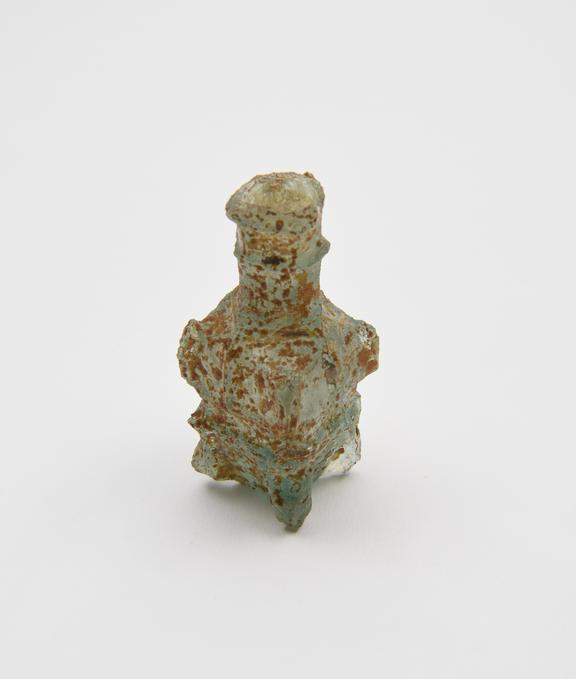 Glass bottle, blue, square body, cut, cylindrical neck